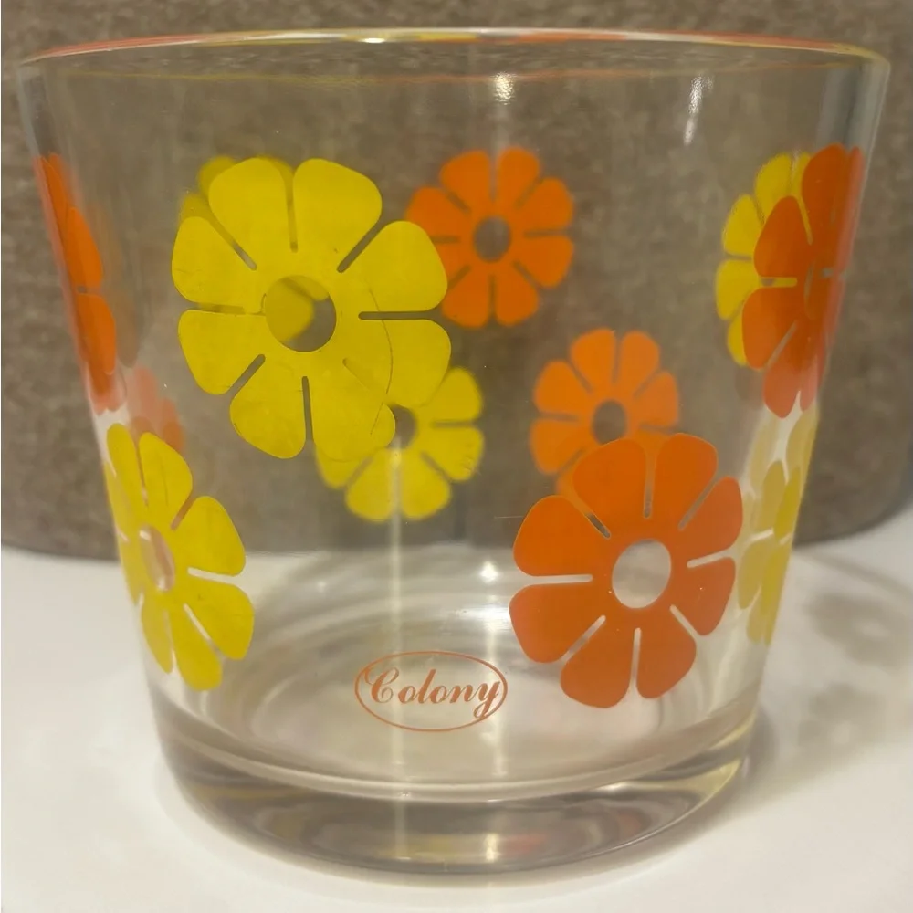 Vintage 1970’s Retro Floral Glass Ice Bucket- Orange and Yellow Flowers